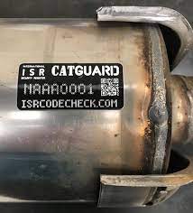 catalytic converter on a vehicle with a CATGUARD label displayed on it